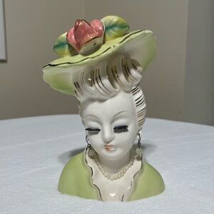 THAMES Vintage Victorian Lady in Green Floral Pink Hat Head Vase Planter 6.5” in